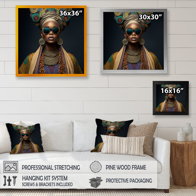 Princesse africaine avec bijoux en or - reproduction sur toile, L 30 po x H 30 po, Impression dorée sur toile encadrée
