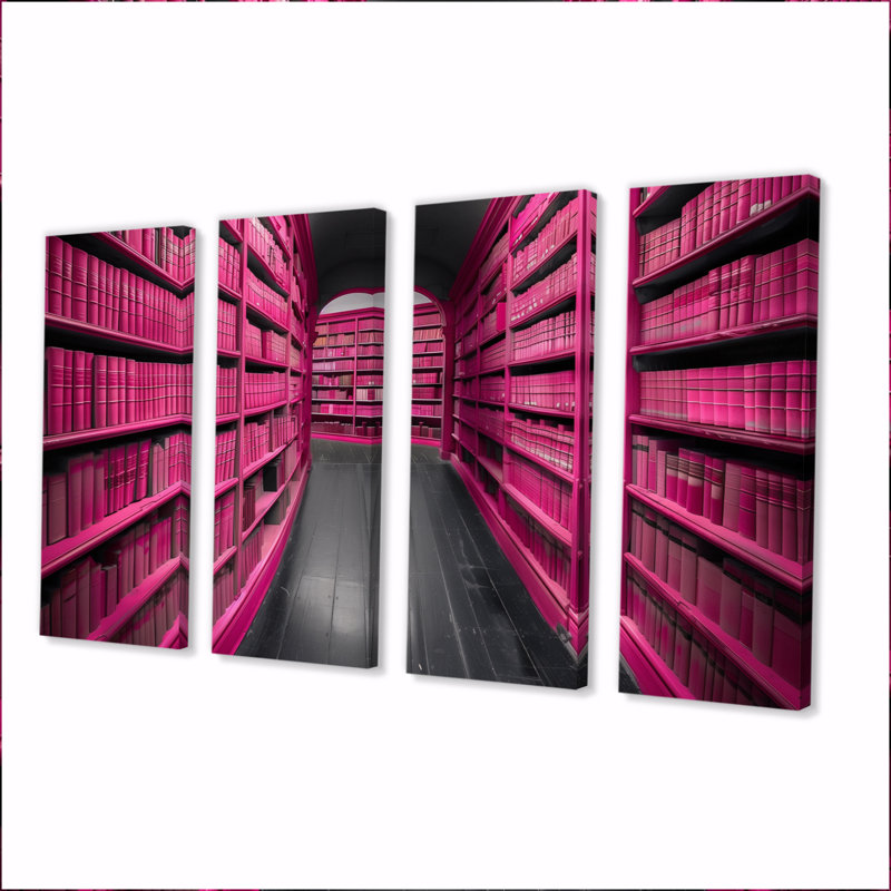 Pink Grey Library Bookshelf Perspective I - Libraries Canvas Wall Art Set, 32" H x  64" W