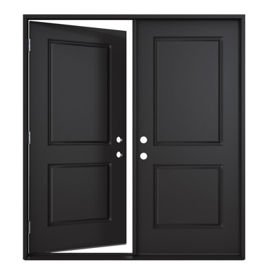 Porte d'entrée extérieure en fibre de verre 72 po x 80 po (2 x 36 po x 80 po), peinte en noir, porte française à 2 panneaux avec chambranle, design classique et style moderne, grande durabilité, ouverture vers l'intérieur à gauche (quincaillerie non incluse)