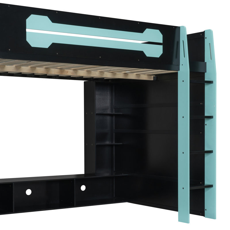 Lit mezzanine double en bois avec bureau, tablettes multiples et lumière RVB, bleu nuage, Lit double, Bleu