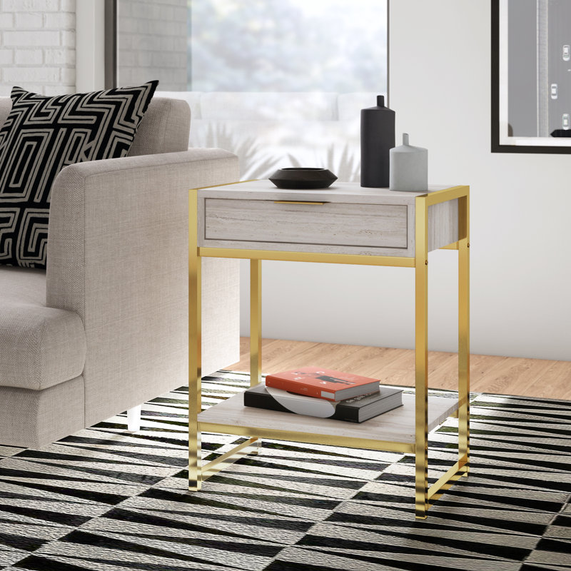 Table de bout d'appoint, tiroir, 1 tablette, 20 po, Himal, Or, Beige