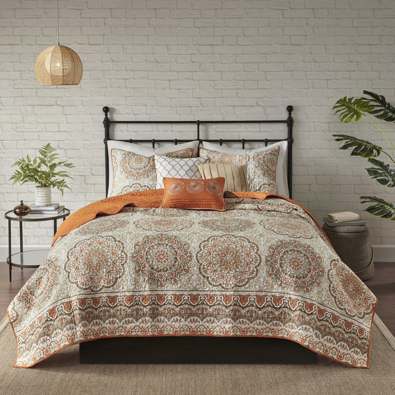 Courtepointe orange très grand / très grand - imprimé floral moderne avec médaillons, tissu doux, 1 taie décorative et 2 coussins décoratifs, 6 coussins réversibles brodés, lavable à la machine
