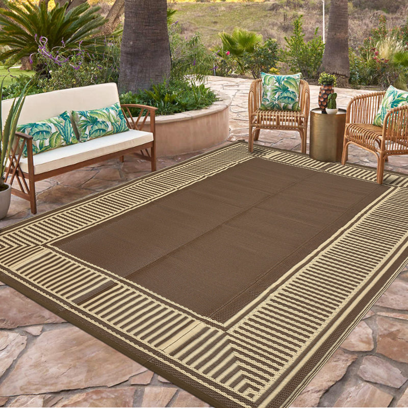 Outdoor Rug Waterproof All-Weather RV Awning Mat with Extra Stakes & Carry Bag, Modern Neutral Plastic Straw Outside Camping Rug for Large Patio, Deck, Backyard