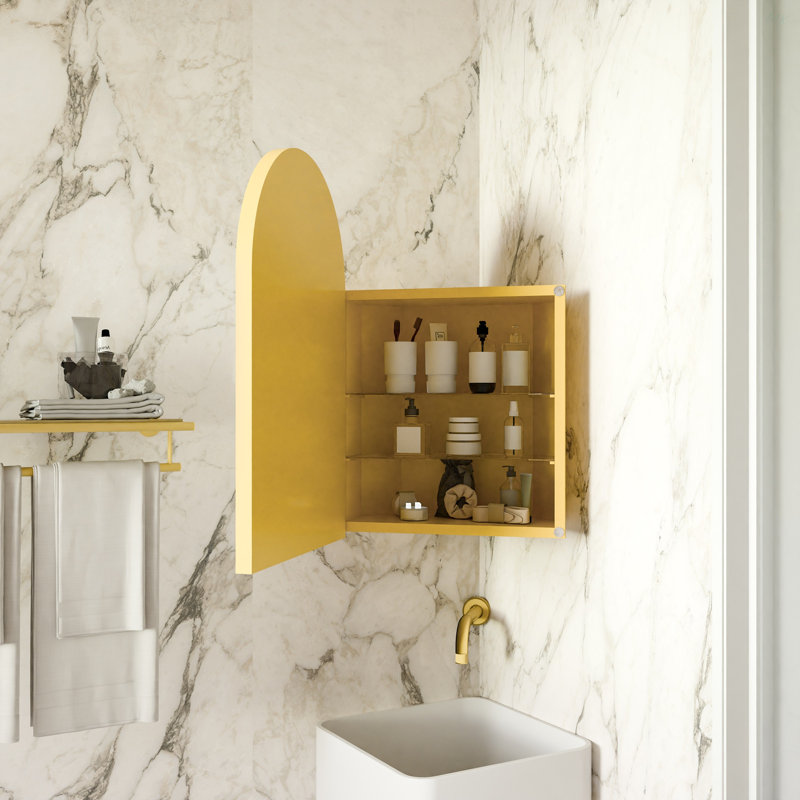 18X24 Inch Metal Corner Medicine Cabinet With Arched Mirror, Adjustable Glass Shelves, Space-Saving Bathroom Storage Organizer For Small Spaces, Matte Gold