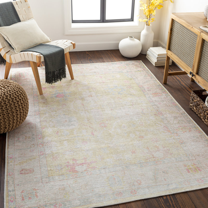 Dietrick Machine Washable Oriental Grass Green/Light Pink Area Rug, Rectangle 7'6" x 9'6"