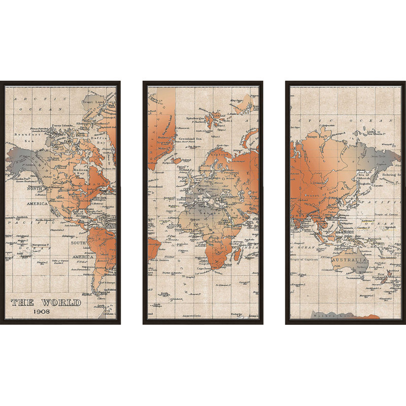 «World Map - 3 Floater Frame», impression sur toile, L 52,5 po x H 33,5 po