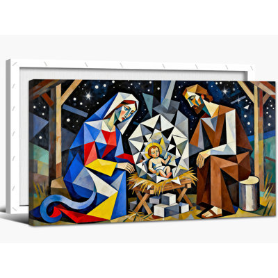 Art mural sur toile grande crèche de Noël - crèche de Noël, décoration murale pour le salon, impressions de la Sainte Nuit, peinture abstraite de la Nativité, cadre en toile tendue, 24 po x 48 po