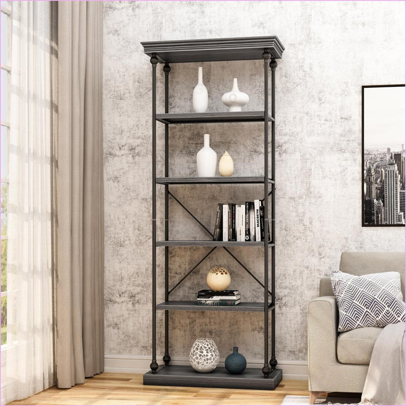 Bookshelf - Industrial Metal Pipe Frame, 5 Fir Wood Open Shelves | Metal &amp; Wood | Industrial