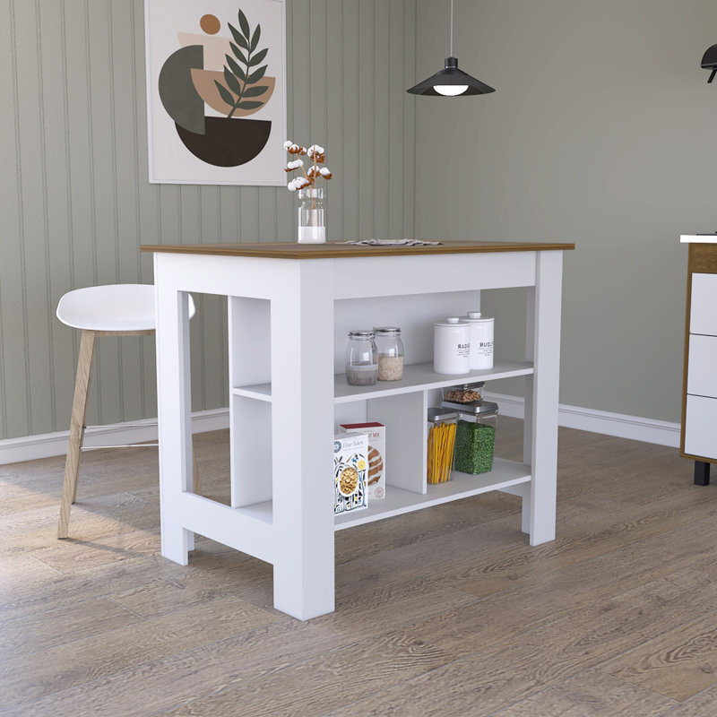 Îlot de cuisine, quatre pieds, trois tablettes, Blanc/noyer