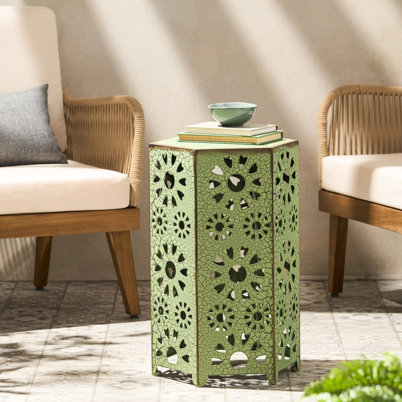 Table d'appoint découpée en fer craquelé - P 14,13 po x l 14,13 po, H 22,28 po, Vert