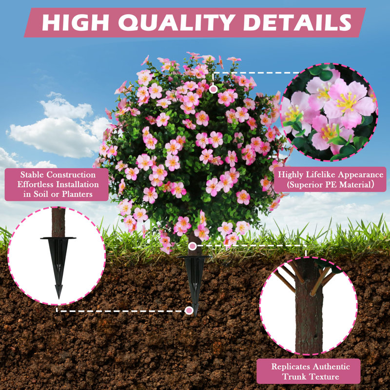 Artificial Boxwood Topiary Ball Trees with Pink Flower (Set of 2), Pink