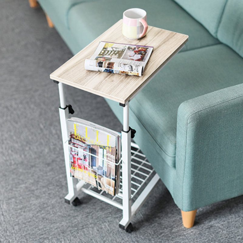 Industrial Adjustable Overbed Desk with Wire Basket, Cream/White