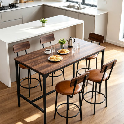 Bar Table Set 5-Piece Rectangular Pub Table with 4 Stools, Wood Counter Height Dinette with Rounded Edges, Space-Saving Kitchen Bar Set for Living Room, Dining Room & Apartment