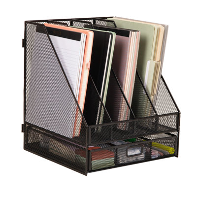  Mesh File Organizer with Drawer, 4 Slot Vertical File Holder with Removable Dividers, Desktop Organizer, Black