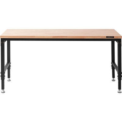 Table de travail de garage réglable, table de travail de garage de 183 cm L x 64 cm l avec roulettes universelles, hauteurs réglables de 71 à 100 cm et capacité de charge de 1360 kg, comprenant des prises électriques, un plateau en bois dur, du rangement et des patins de protection.