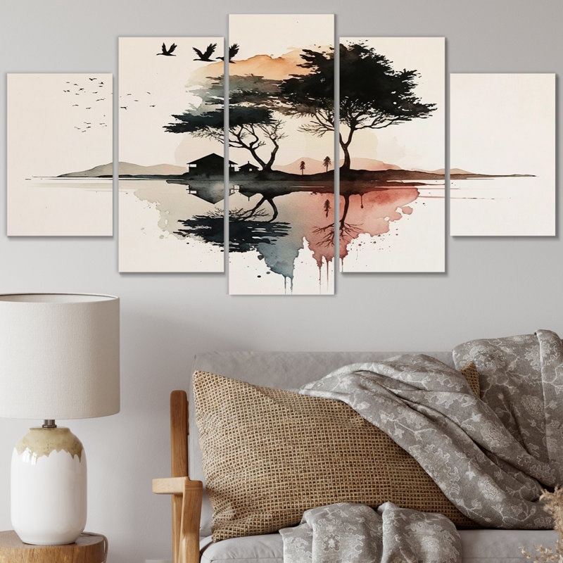 «Minimal Serenity Little Country House Watercolor», art abstrait sur toile, 5 panneaux