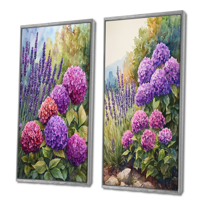 Hortensias et jardin de lavande I - impressions sur toile florales 2 panneaux, H 40 po x l 41 po, Encadrement argenté