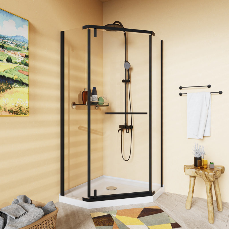 36 In. D X 36 In. W X 72 In.H Corner Frameless Shower Door, Black