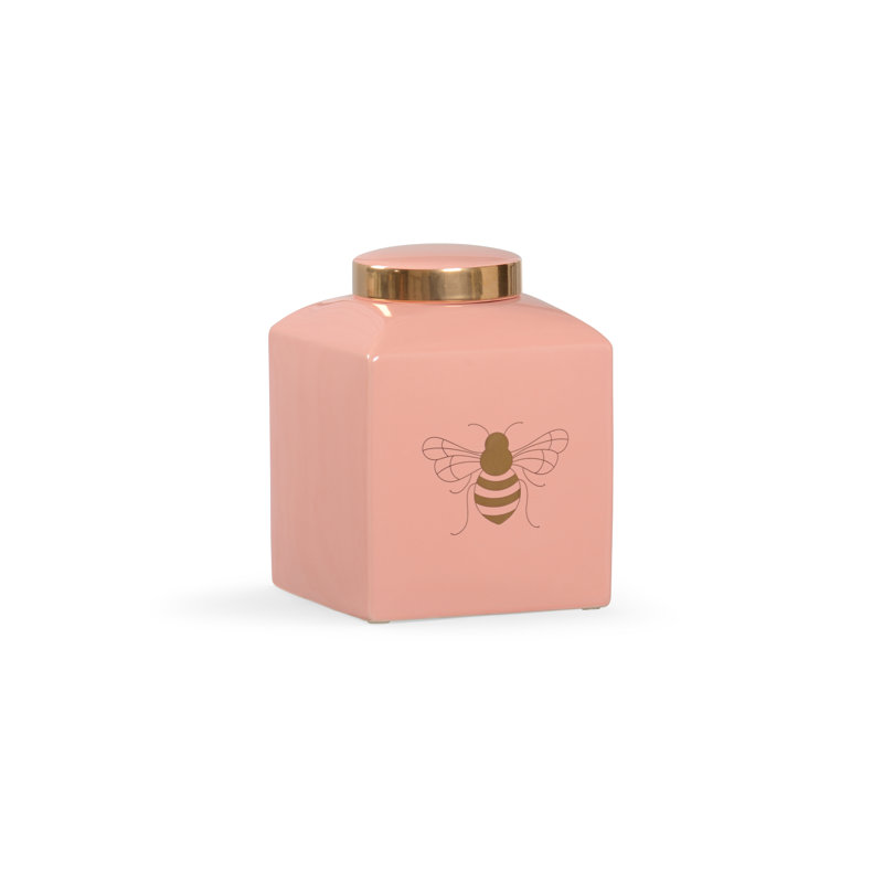 Ceramic Jar, Coral/Gold, 9.5" H x 7" W x 7" D