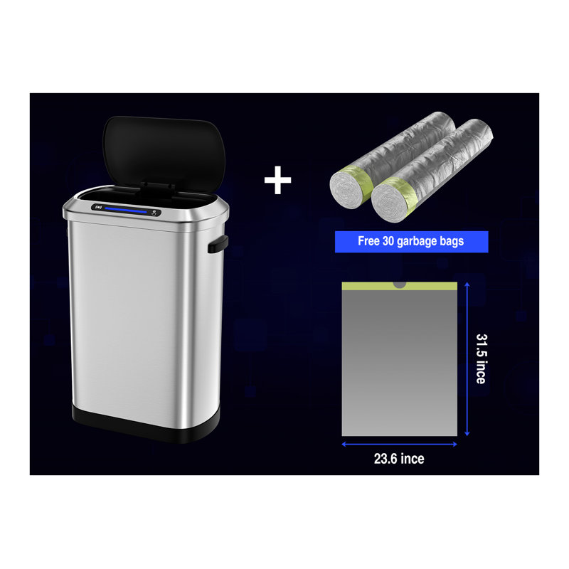 50L Smart Automatic Trash Can with Motion Sensor - Hands-Free Stainless Steel Kitchen Trash Bin with Slow Close Lid, Black and Silver