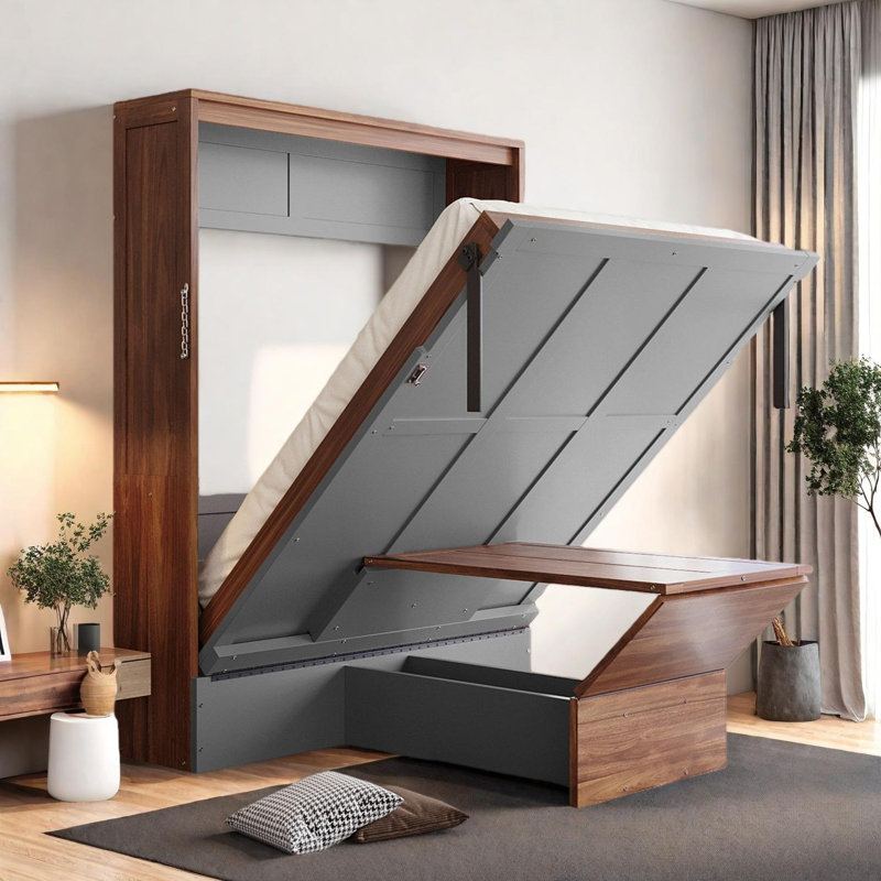 Full Size Murphy Bed with Foldable Desk, Space Saving Wall Bed, Brun / Gris