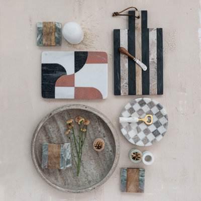 Round Marble Checkered Cheese And Serving Tray