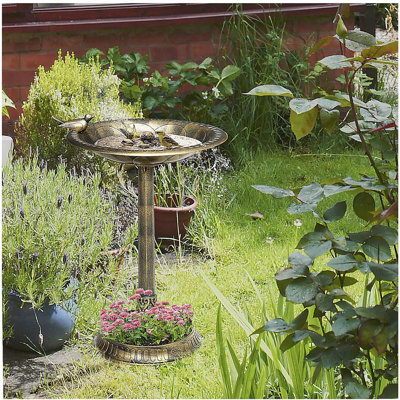 Bain d'oiseaux antique 28 po avec base à fleurs sur piédestal Outsunny, bain décoratif d'oiseaux et bol à mangeoire, statue de jardin, bronze