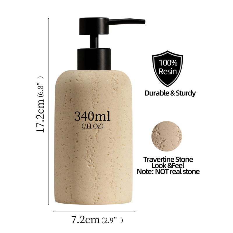 Distributeur de savon 340 ml 11 oz, 2 pièces luxueux bocal à mains, distributeur de savon, bouteilles de pompe à savon en travertin pour comptoir de salle de bain