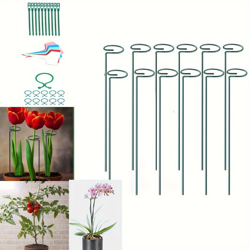 Paquet de 12 piquets de soutien pour plantes de 17 pouces, 4 tiges de soutien de jardin à tige simple de 4 mm d'épaisseur Amaryllis, 420 boucles de plantes, 12 inserts d'étiquettes, 20 attaches de câble