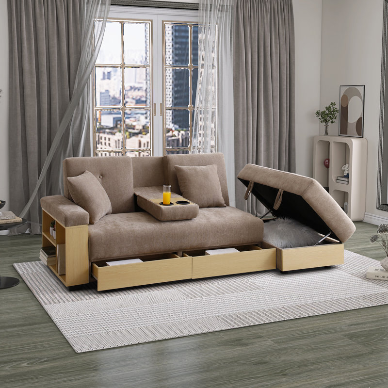 Convertible Sleeper Sofa with Ample Storage, Light Brown Cotton Blend