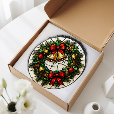 12"H Christmas Wreath Stained Glass Window Panel