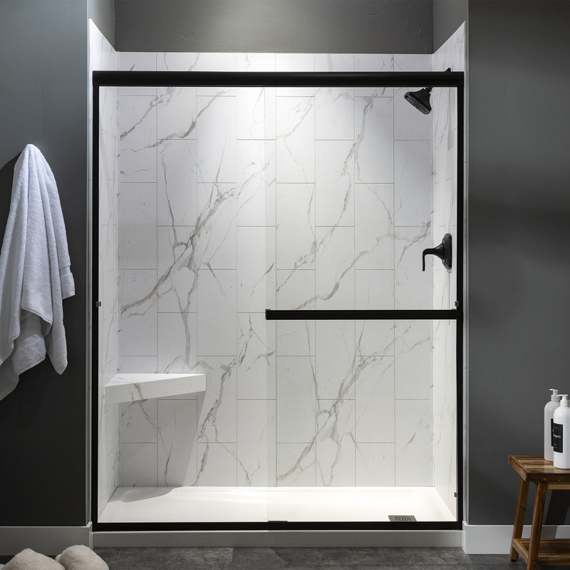 Palisade Vinyl Waterproof Corner Shower Bench in Carrara Marble/Urban Glacier, Carrara Marble/Urban Glacier