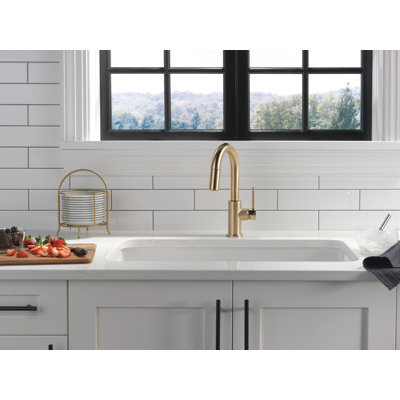 Robinet de lavabo à barre en or brossé Trinsic avec douchette rétractable, robinet de préparation de lavabo monotrou moderne, poignée simple, bronze champagne