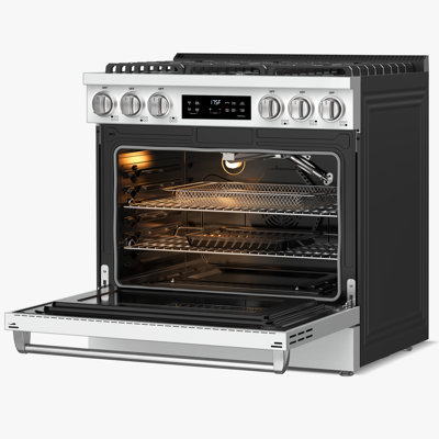 Cuisinière à gaz 36 pouces avec friteuse à air, cuisson par convection, gril et maintien au chaud, 2 grilles de four, plateau de friture d'air, support anti-basculement, nettoyage à la vapeur, convertible au propane, 6 brûleurs avec anneau double 22k BTU