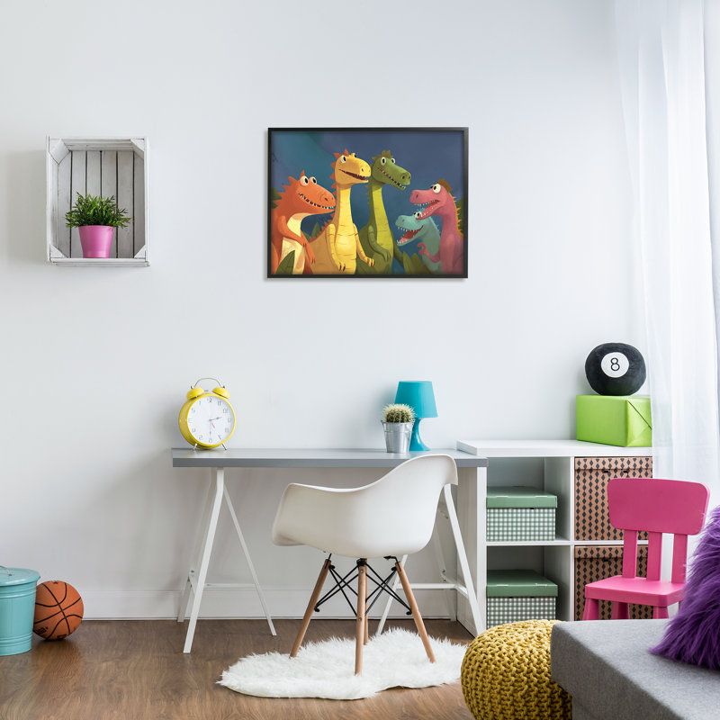 «Happy Dinosaur Friends on Wood» par Wumples, H 24 po x l 30 po x P 1,5 po, Giclée encadrée noir minuit