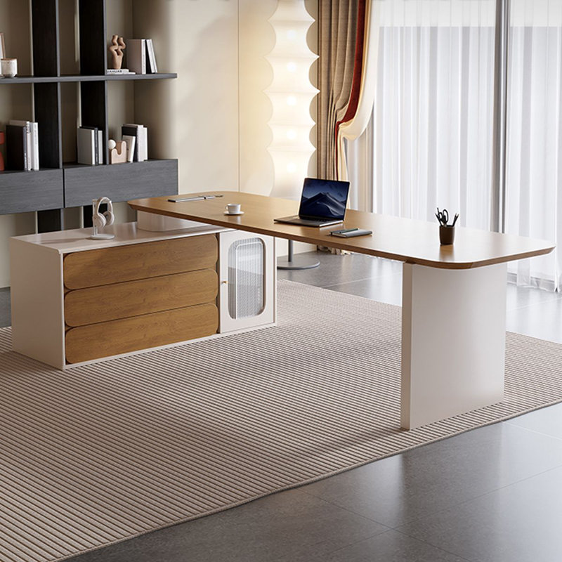 Bureau à 3 tiroirs brun + beige-blanc en L massif + bois manufacturé + verre, Retour à gauche