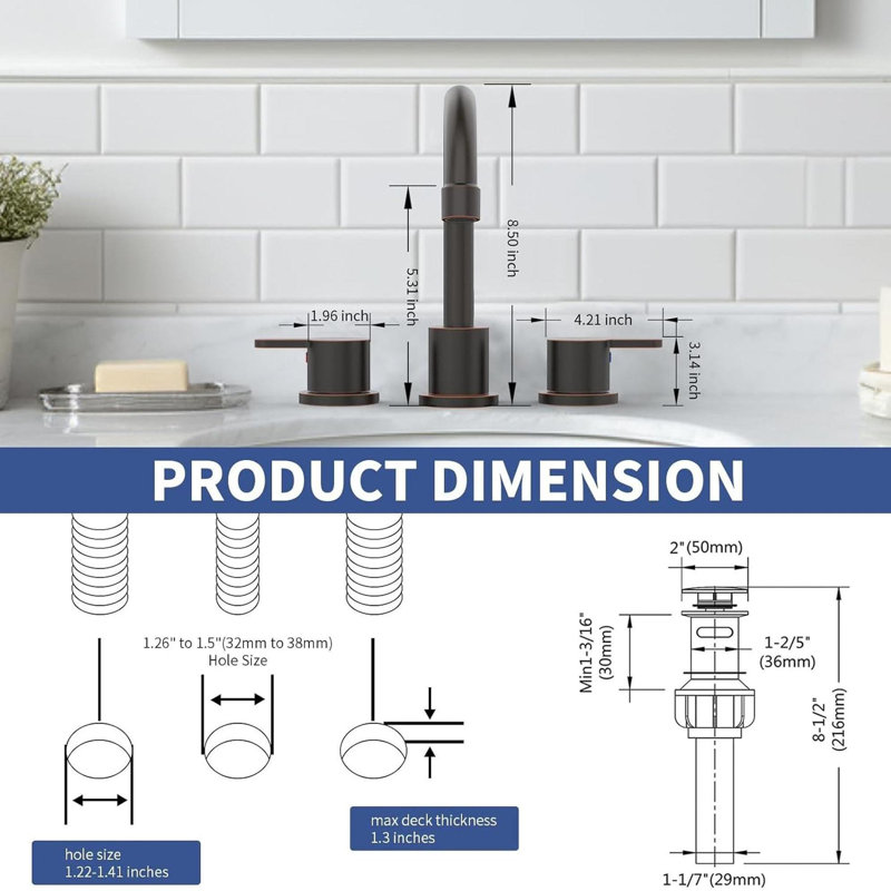 Widespread Bathroom Sink Faucet 2 Handle 8 inch Lavatory Faucet 3 Hole 360° Swivel Spout Vanity Sink Basin Faucets with Pop Up Drain Assembly
