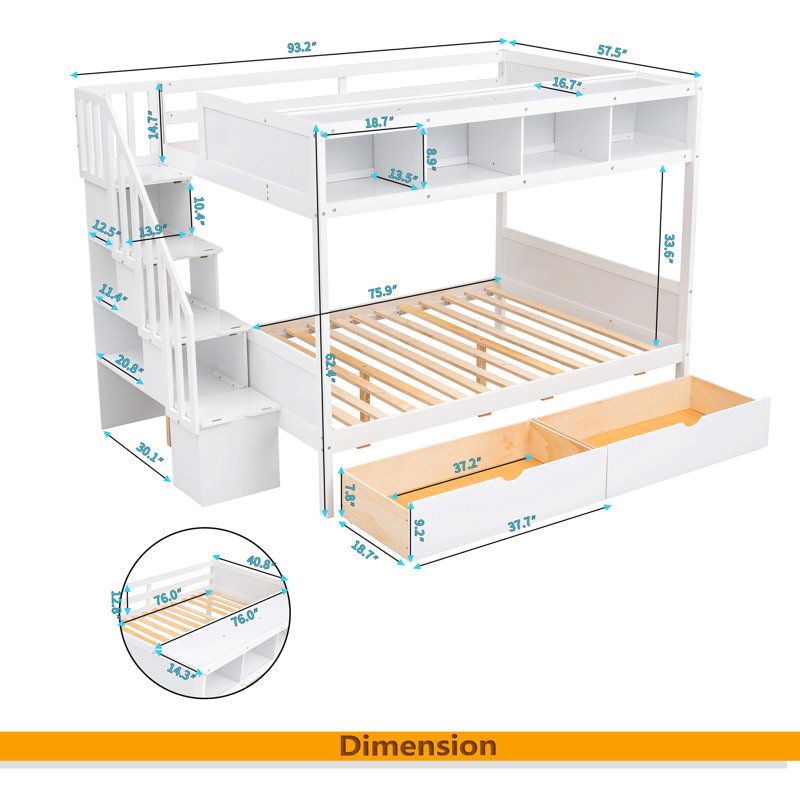 Lit superposé simple au-dessus de double avec tablettes, escalier de rangement et 2 tiroirs, Blanc