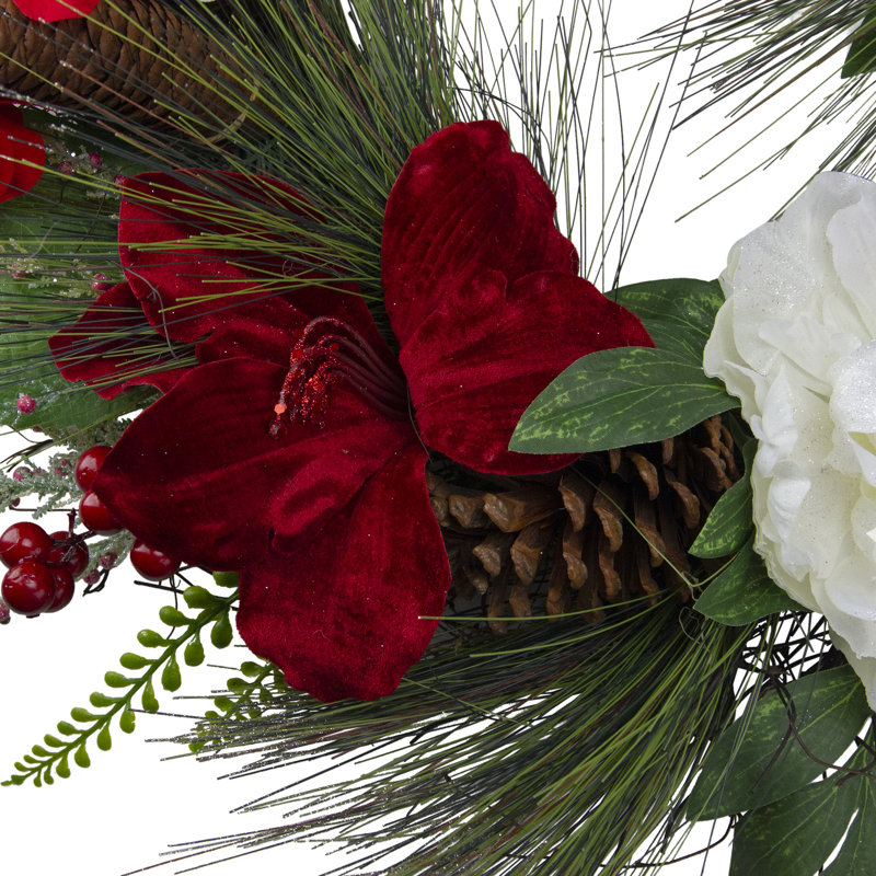 Couronne de pivoines et de brindilles artificielles rouges amaryllis 24 po