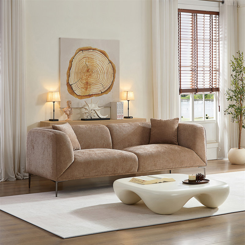 Modern Curved Upholstered Sofa, Camel