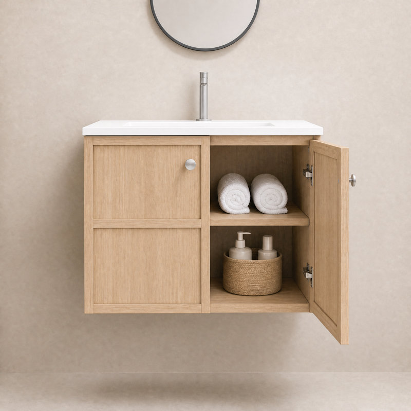 Meuble-lavabo mural de 30 po avec lavabo en céramique, 2 portes à fermeture en douceur, armoire flottante en contreplaqué au fini chêne pour petite salle de bain, salle d'eau