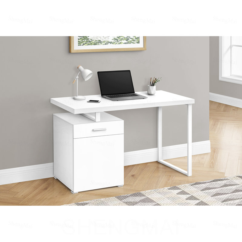 Bureau d'ordinateur, bureau à domicile, ordinateur portable, configuration gauche/droite, tiroirs de rangement, 122 cm (48 po), plateau en stratifié blanc, structure en métal blanc