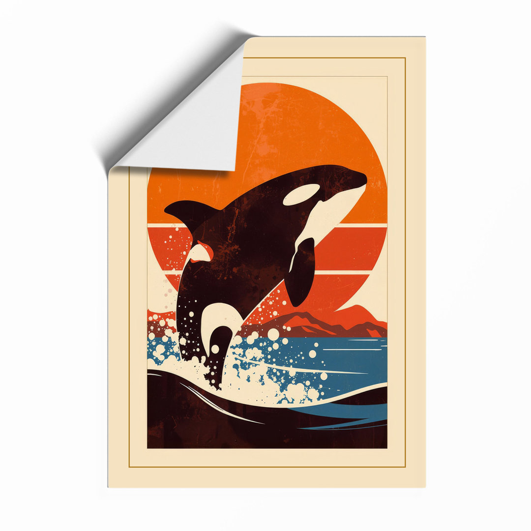 Leaping Orca at Sunset Art Deco - Framed Print
