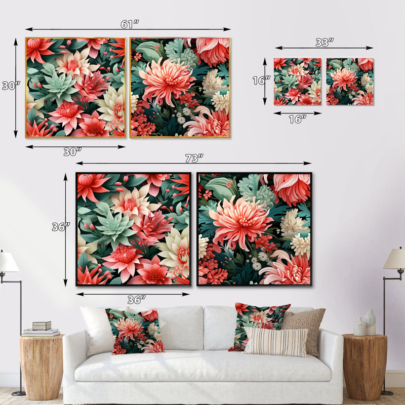 Tropic corail motif tropical - ensemble de collage carré floral de 2, Cadre flottant brun, H 36 po x l 73 po