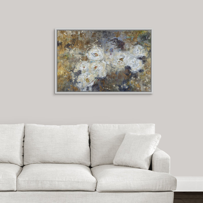 « golden fleurings », peinture sur toile, H 25,7 po x l 37,7 po x p 1,75 po, Cadre flottant blanc