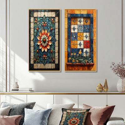Orange Balkan Tiles I - Boho Tiles Wall Art 2 Pieces Set