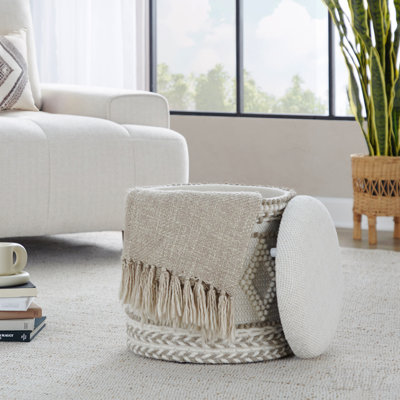 18" Storage Ottoman in Beige Handwoven Wool with Tufted and Knoted Design