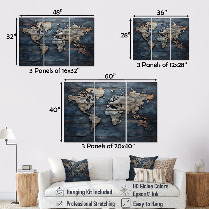 «Rustic Route World Map II», ensemble de reproductions d'art mural carte du monde, H 40 po x l 60 po x P 1 po