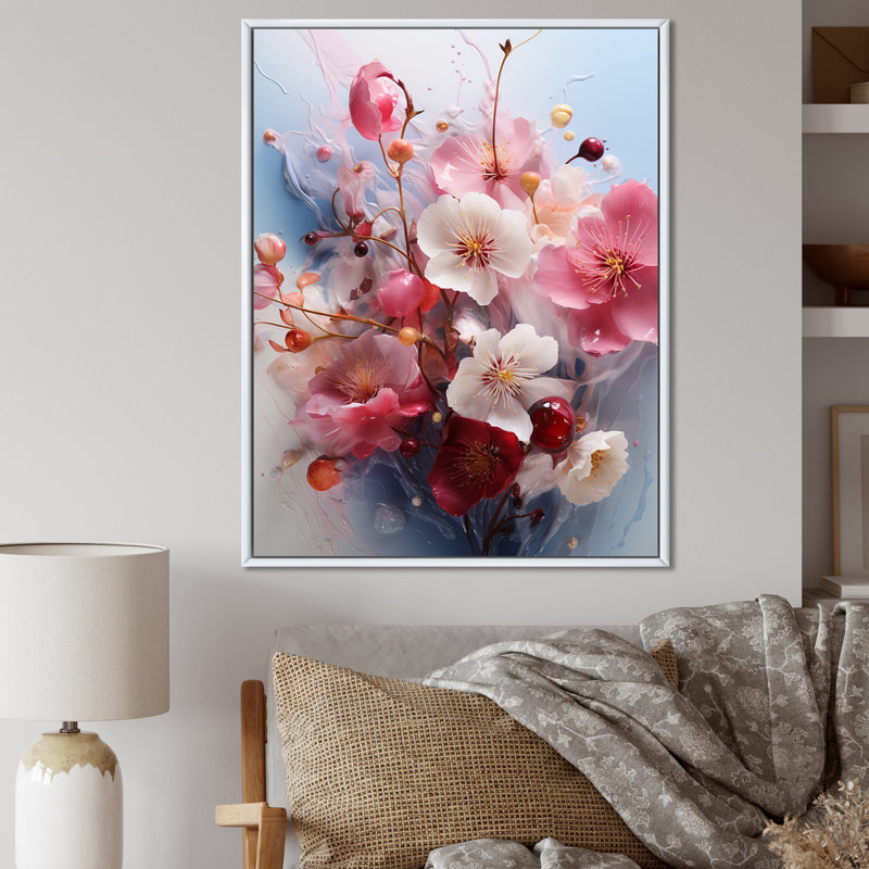 Fleurs de cerisier rose - Art mural cerisier en fleurs, Cadre flottant blanc, H 32 po x l 24 po x P 1 po
