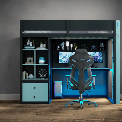 Lit mezzanine double avec rangement, en bois MDF et contreplaqué de pin, chambre moderne avec coin jeux